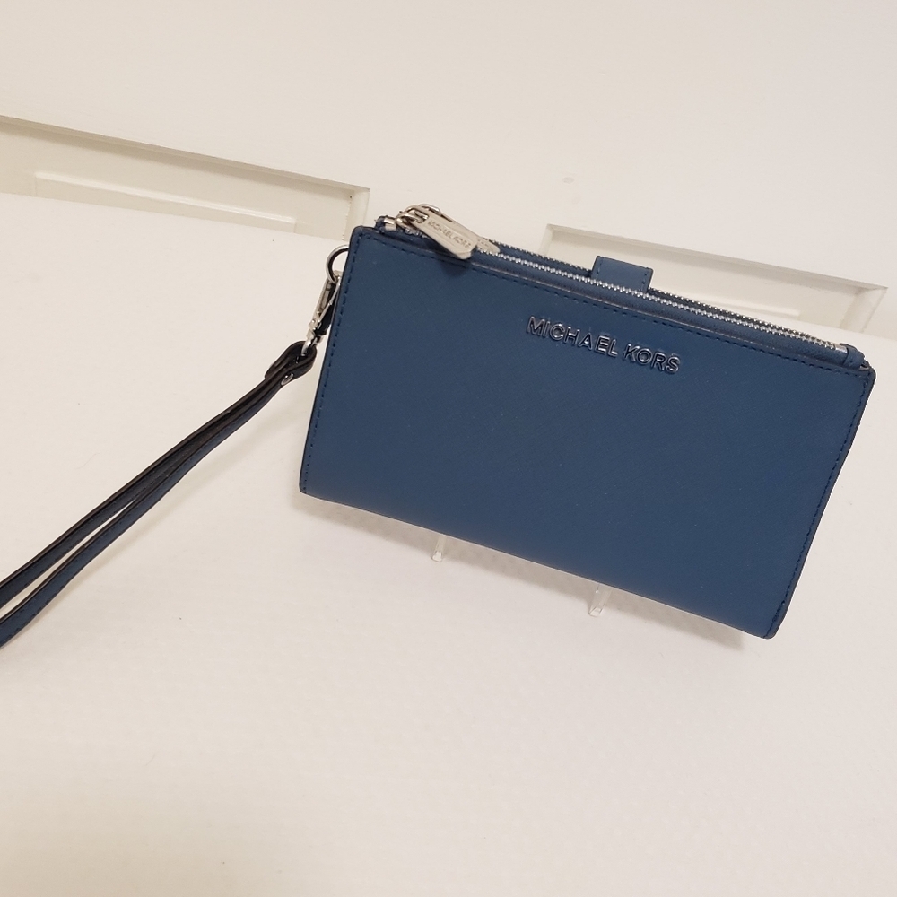 Michael Kors Blue Cell Phone Wallet Wristlet With Shiny Silvertone Hardware